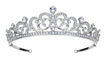 Ornate silver tiara adorned with sparkling clear rhinestones, isolated on transparent background © Marta