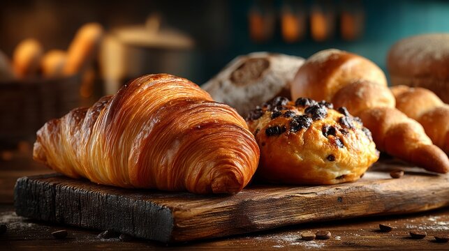 Freshly Baked Croissant and Pastries on Rustic Wooden Table