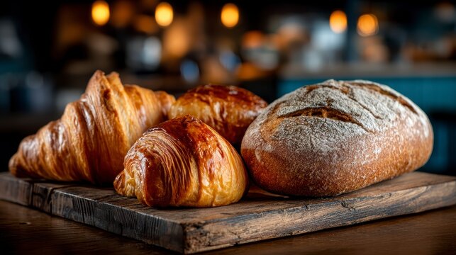 Freshly Baked Artisan Bread and Croissants on Wooden Board