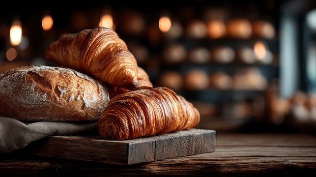 Freshly Baked Bread and Croissants on Wooden Board in Bakery Setting