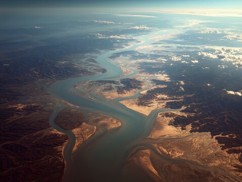 Aerial View of Winding River Through Mountainous Landscape at Sunset
