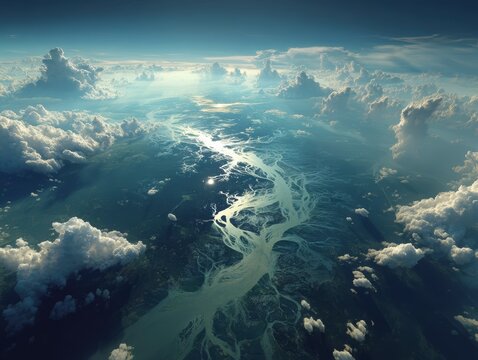 Aerial View of Serene River Delta Surrounded by Lush Green Landscape