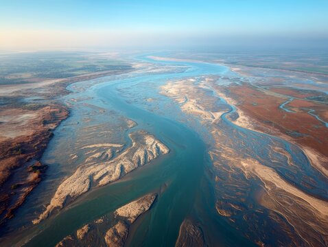 Aerial View of Serpentine River Flowing Through Expansive Landscape