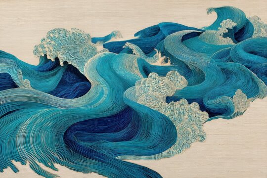 Dynamic Abstract Waves in Aquatic Tones and Intricate Swirls