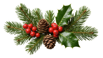 Christmas fir branches with pine cones and red berries, isolated on transparent background © Marta