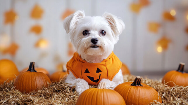 Cute white puppy wearing a jack-o'-lantern orange sweater sitting among fall harvest pumpkins
