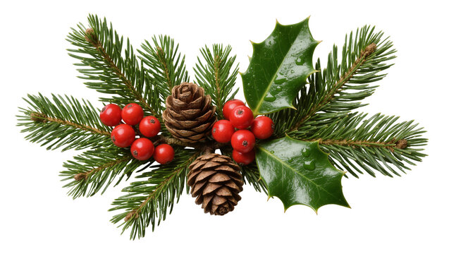 Christmas fir branches with pine cones and red berries, isolated on transparent background