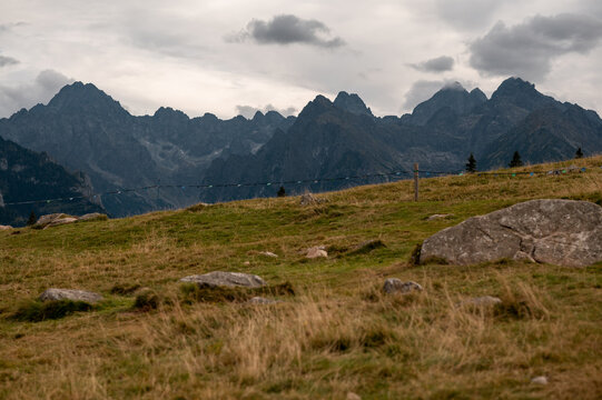 Dramatic mountain peaks of the High Tatras rising above the scenic Rusinowa Polana meadow in Poland