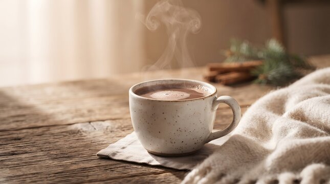 Warm beverage in a ceramic mug with steam and cinnamon sticks on a wooden table