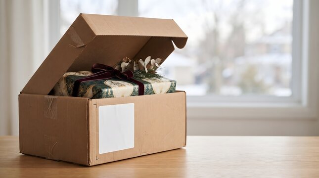 Open cardboard box with wrapped gifts and festive decorations on a wooden table