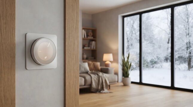 Modern smart thermostat on a wall in a bright living room with a winter view