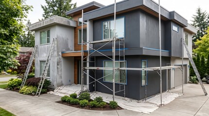 Obraz premium house undergoing exterior painting and renovation with metal scaffolding and ladders.