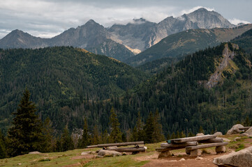 Scenic view of the Tatra Mountains from Rusinowa Polana in Poland during a cloudy summer day © WellStock
