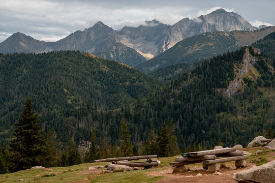 Scenic view of the Tatra Mountains from Rusinowa Polana in Poland during a cloudy summer day