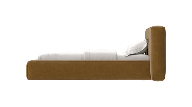 Modern upholstered bed with white linens and a single pillow, isolated on white