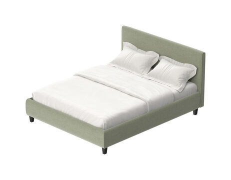Modern upholstered bed frame with clean lines and crisp white bedding