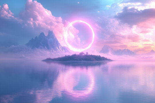 Abstract theme expressed through aglow and glorious neon ring. Water surface illustration presenting tree and island. Mystical, dream, red, reflection and shiny complete the scene.