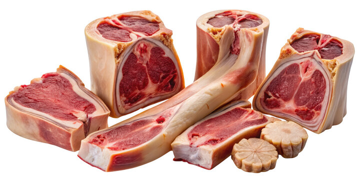 Fresh raw lamb meat cuts and chops arranged on a dark surface, showing red muscle tissue, white fat layers, and bone structure details isolated on a transparent background