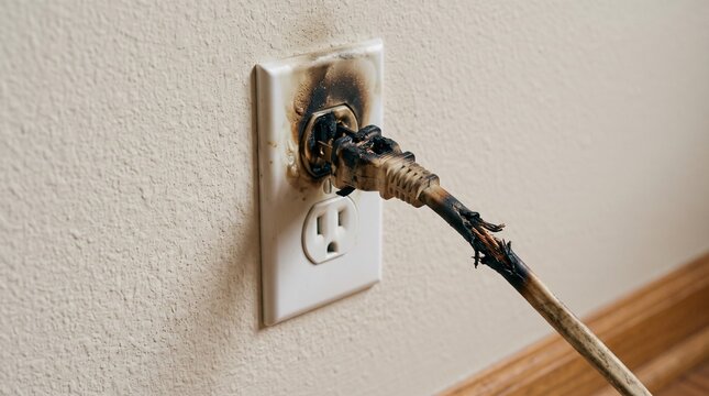 Damaged electrical outlet with burn marks and exposed wiring