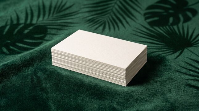 Stylish business cards neatly arranged on a luxurious green velvet surface