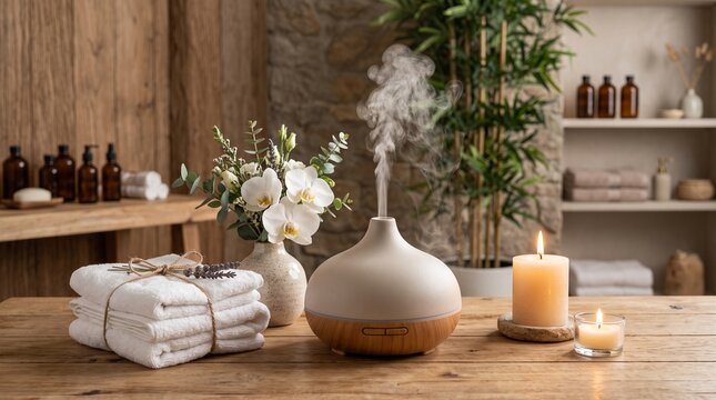 Serene spa setting with essential oil diffuser and relaxation items