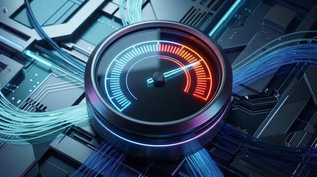 Modern speedometer displayed on a high tech circuit board background