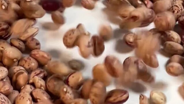 Extreme close-up slow motion pouring of pinto beans onto white surface for food banner and grocery video, horizontal