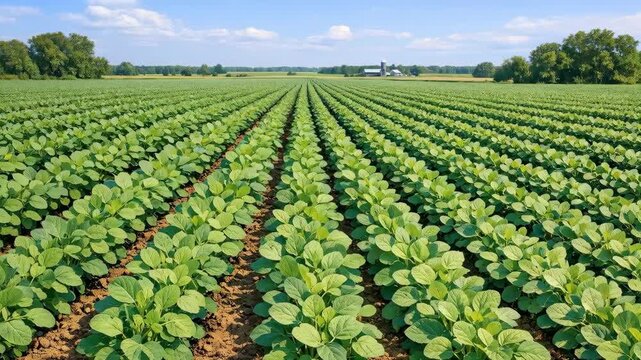 Vast Soybean Field with Rows of Green Crops and Farm Buildings in the Distance
