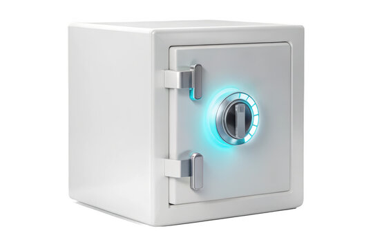 Small white metal security safe with a circular combination lock dial featuring a glowing cyan light, isolated on a clean white background isolated on a transparent background