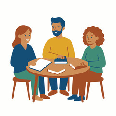Fototapeta premium Diverse people at a book club meeting. Group discussion and reading concept. Flat design vector illustration