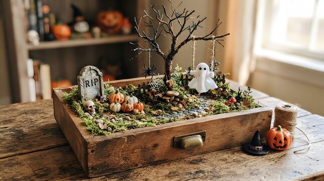  Rustic Halloween Miniature Garden Display with Ghost, Pumpkin, Spiderweb, and Autumn Plants