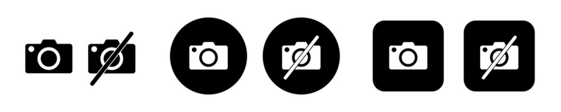 Camera on off icon set with open camera and disabled video symbols. Solid Webcam control icons for call, meeting and virtual conferencing UI