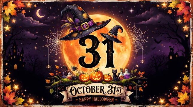 Vintage Halloween October 31 Poster with Witch Hat, Crescent Moon, Pumpkins, and Purple Night Sky
