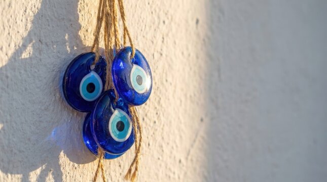 Three blue glass evil eye amulets hang from rough twine. They cast soft shadows on a textured white wall. This traditional symbol offers protection and good fortune.