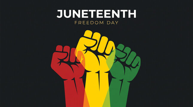 Juneteenth graphic features raised fists in liberation colors against a dark background.