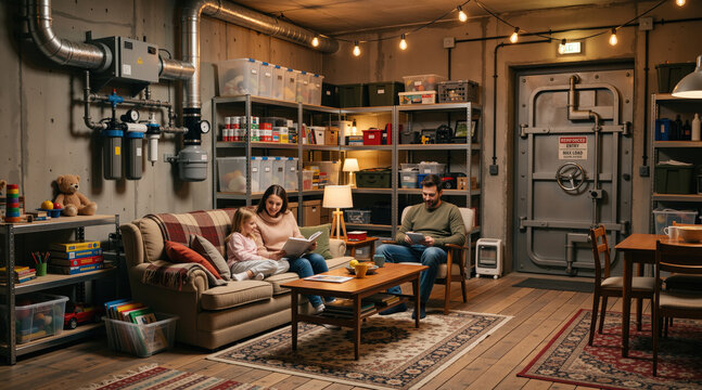Family relaxing inside an underground survival bunker. Parents and daughter reading and using tablet in a fully stocked fallout shelter with reinforced vault door. Emergency disaster preparation