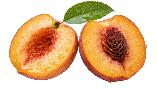 Juicy ripe peach halves with water droplets and green leaf, isolated on transparent background