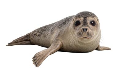 Young grey seal pup with dark eyes and spotted fur, isolated on transparent background © Sean