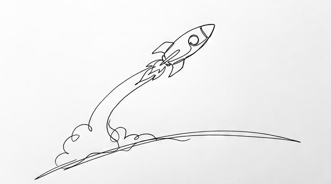 Continuous line drawing of a rocket launching up.