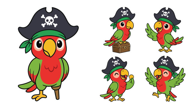 Vector illustration set of cute cartoon pirate parrot characters wearing hats with skull crossbones isolated on white background for children graphic design