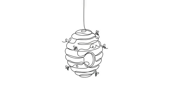 Hand drawn line art of a hanging beehive with bees.