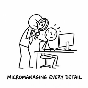 Stick Figure Cartoon of Boss Micromanaging Sweating Employee with Magnifying Glass