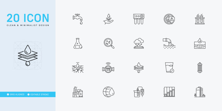 Water Conservation and Purification Line Icon Set - Editable Stroke