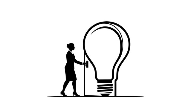 Conceptual business silhouette of woman opening light bulb door, creative vision and innovation concept, female professional finding bright ideas