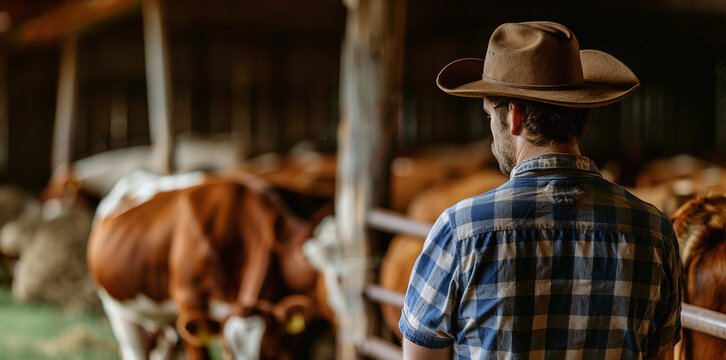 A professional farmer wearing a cowboy hat and plaid shirt stands inside a rustic barn caring for livestock, overseeing cattle in stalls with a thoughtful expression during daily agricultural work rou