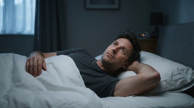 Man lying awake in bed at night suffering from chronic sleep insomnia.