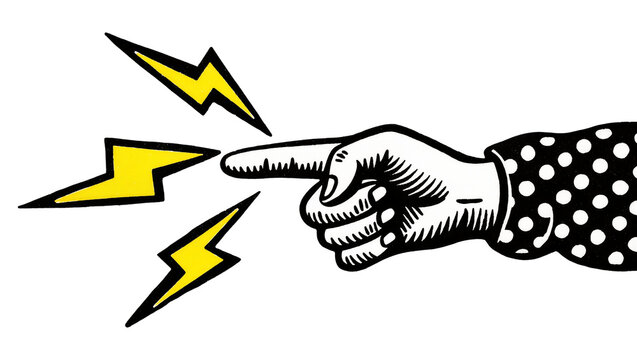 Black and white hand pointing with yellow lightning bolts, isolated on transparent background