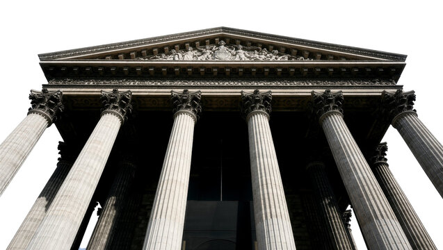 Grand neoclassical stone columns supporting a pediment with sculptures, isolated on transparent background
