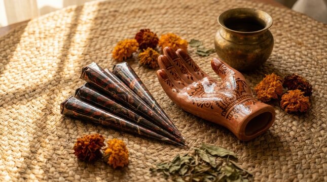 Henna cones and decorative hand with mehndi patterns on woven mat. Marigold flowers, brass pot and dried leaves add traditional Indian style.