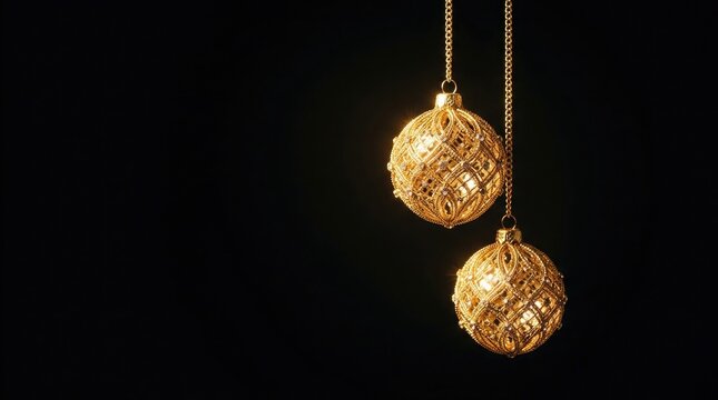 Two elegant golden christmas ornaments with intricate filigree patterns hanging against a dark black background for holiday season decoration